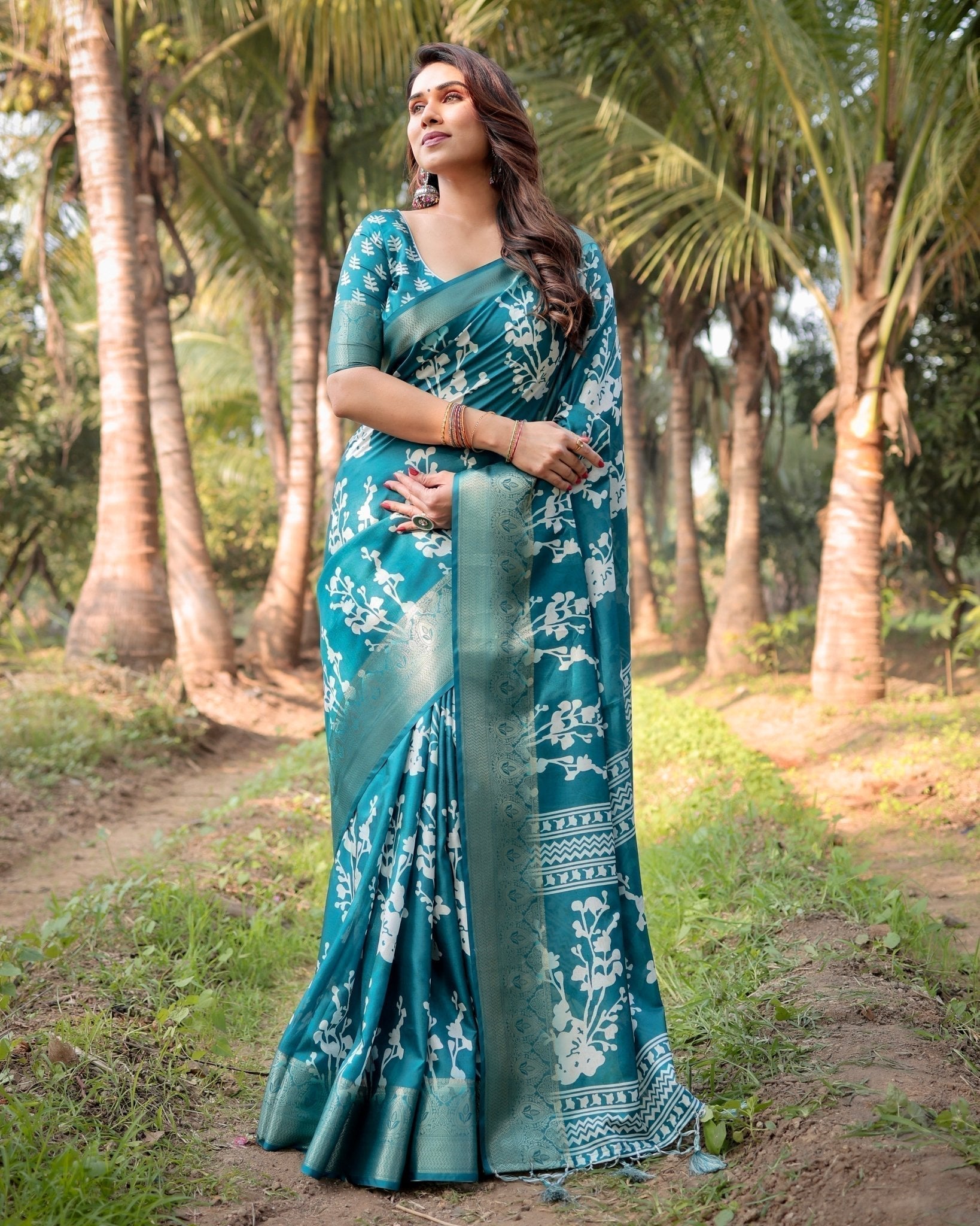 Teal Blue Tussar Silk Saree with White Floral Design, Gold Zari Border & Tassel Pallu