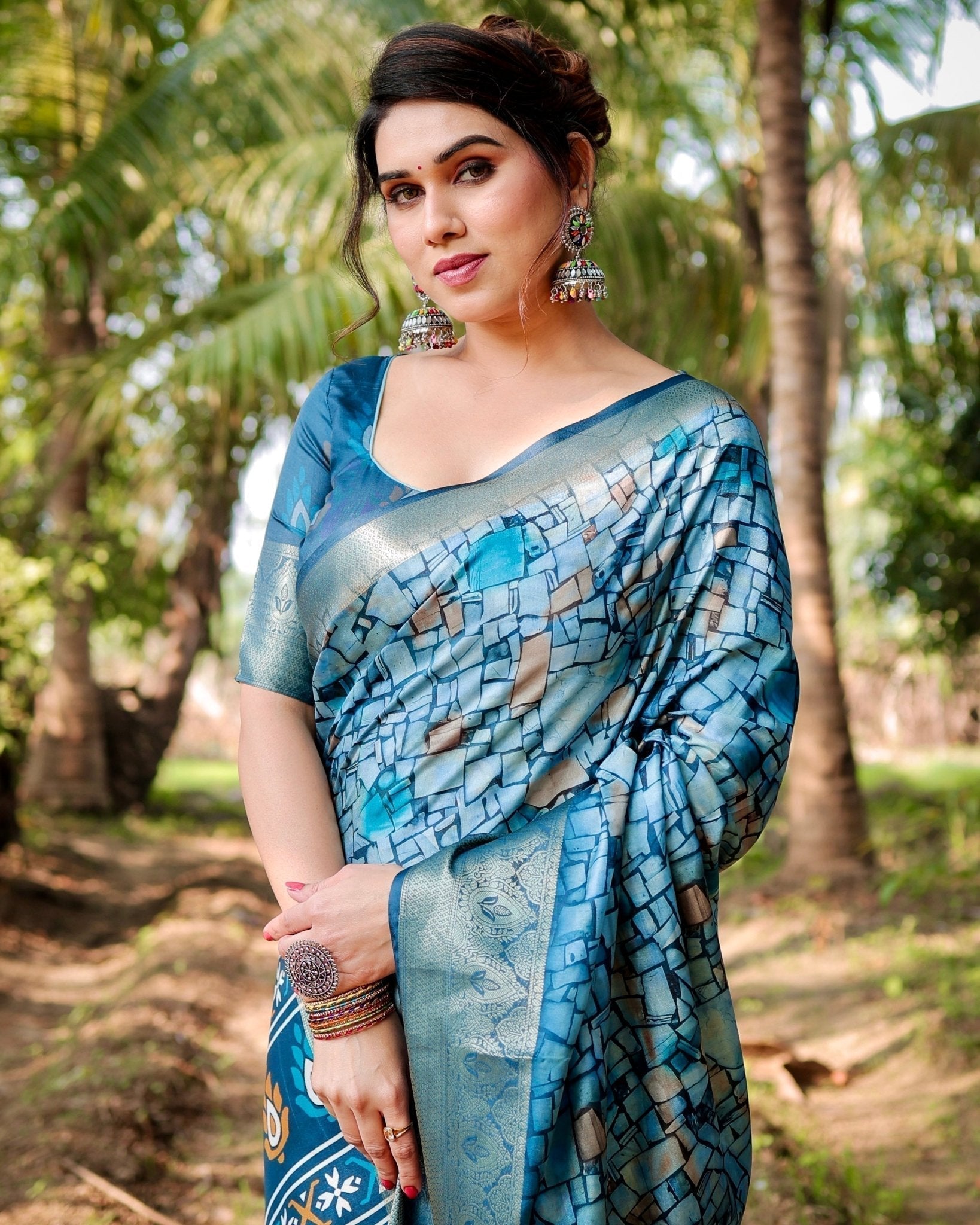 Mesmerizing Blue Tussar Silk Saree with Golden Zari Border and Mosaic-Inspired Pallu Design