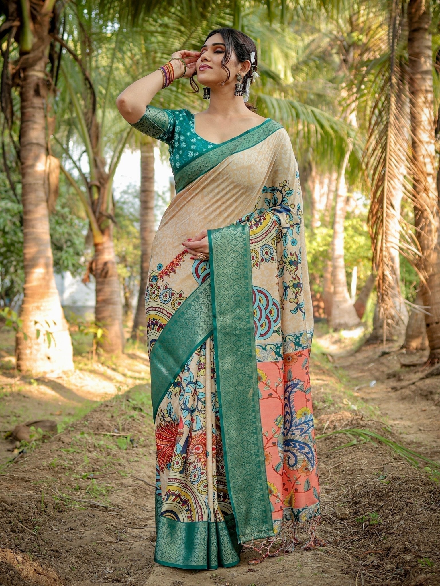 Elegant Tussar Silk Saree in Beige and Coral with Madhubani Pallu and Zari Accents