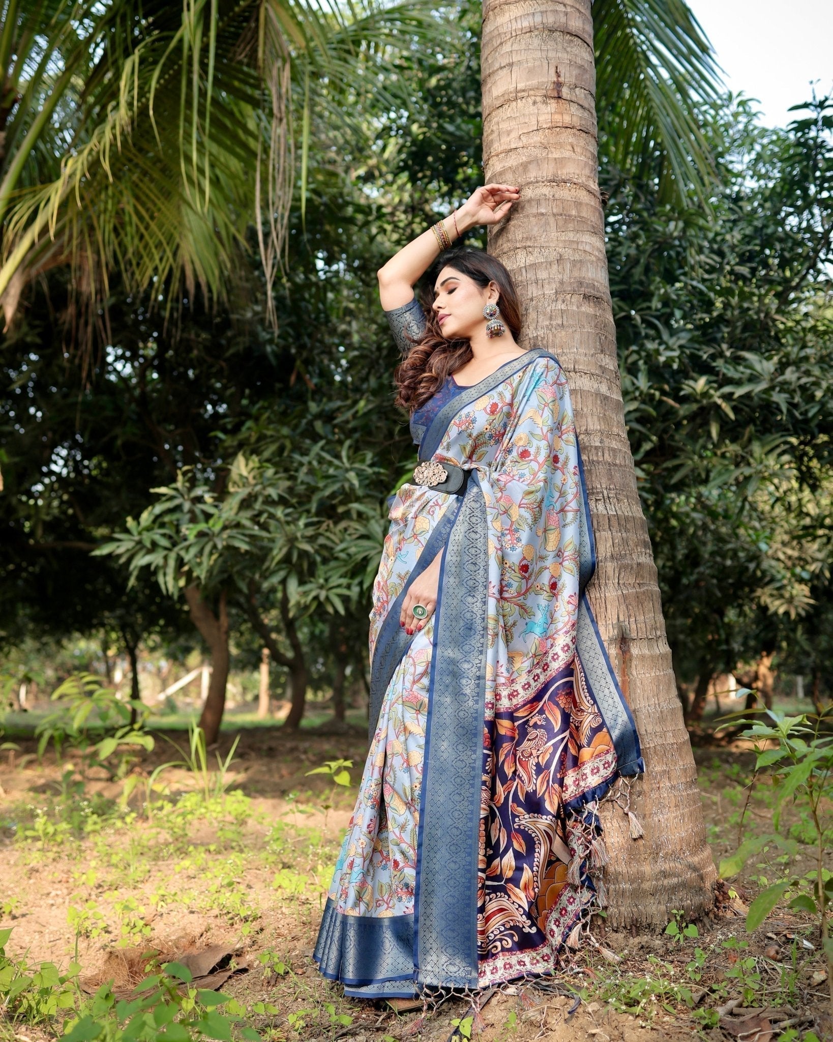 Sky Blue and Navy Digital Print Tussar Silk Saree with Zari Woven Border and Floral Motif Pallu