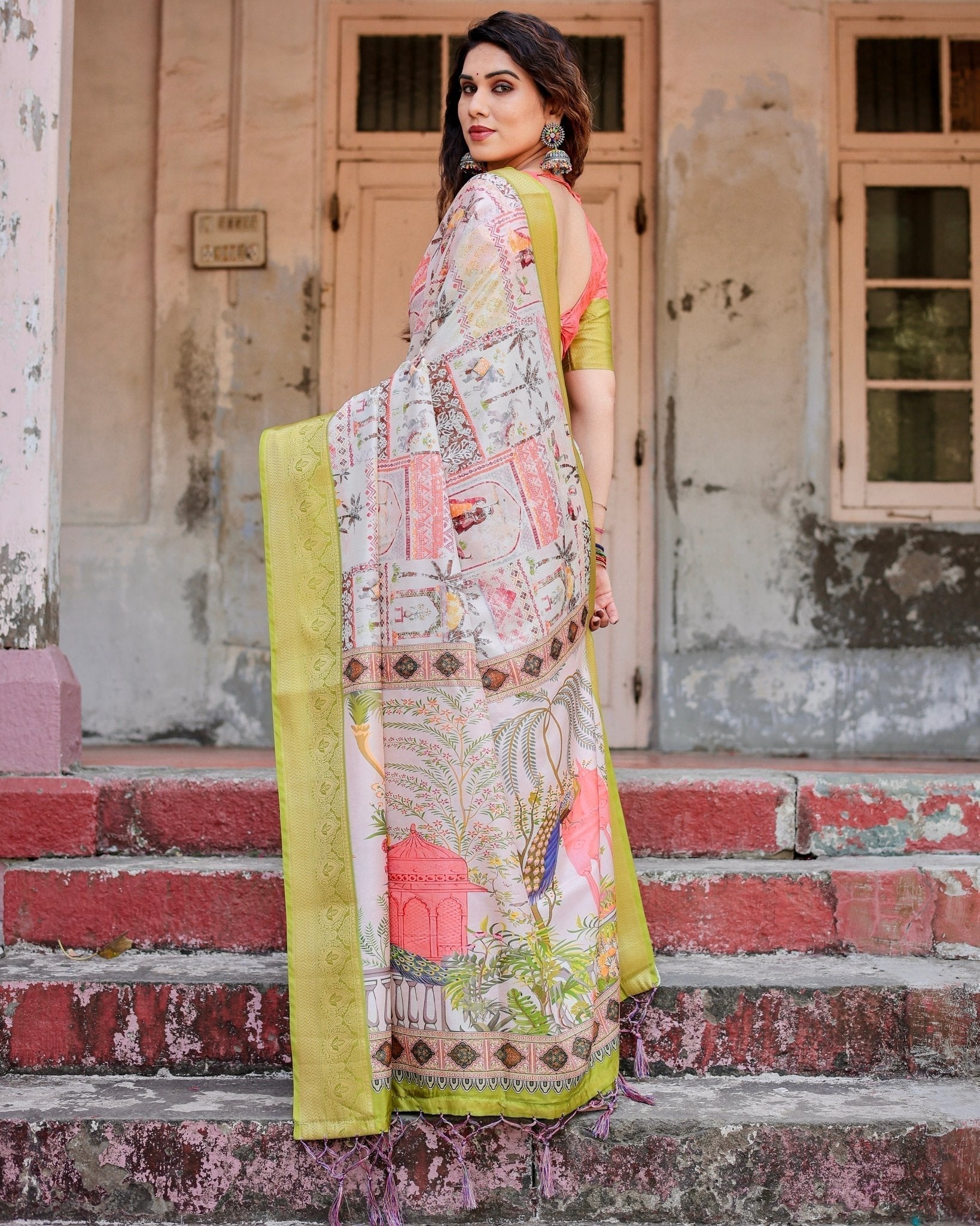 Pastel Tussar Silk Saree with Lime Green Zari Border and Hand-Painted Heritage Designs
