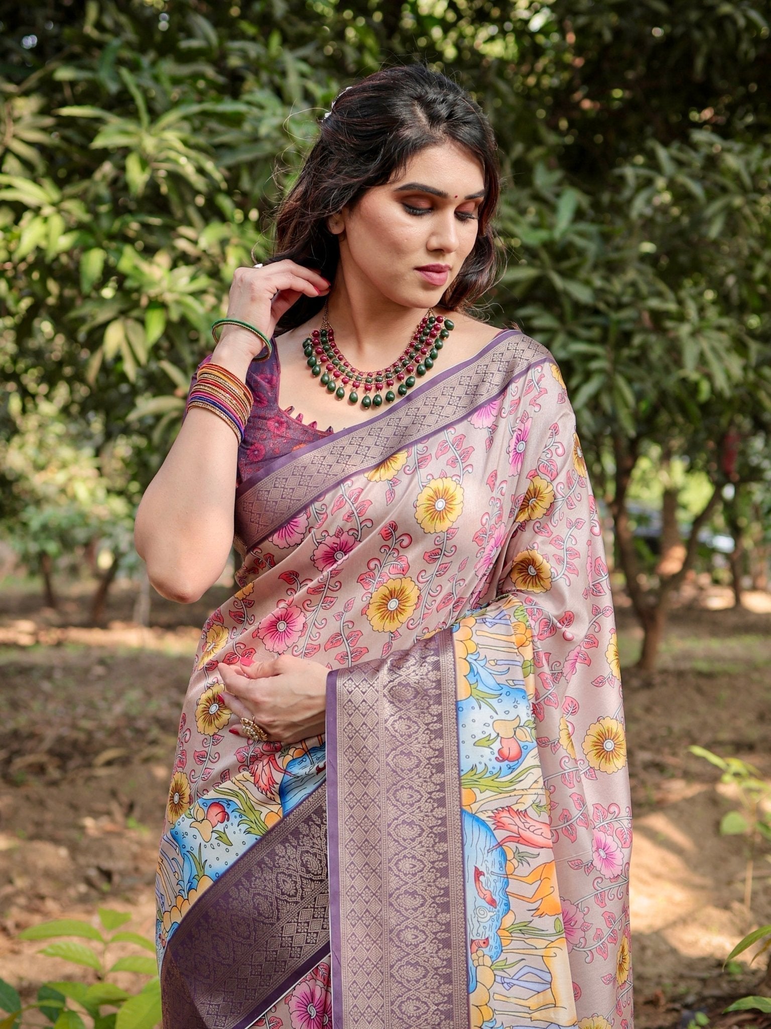 Pastel Beige Tussar Silk Saree with Vibrant Floral Motifs and Zari Border