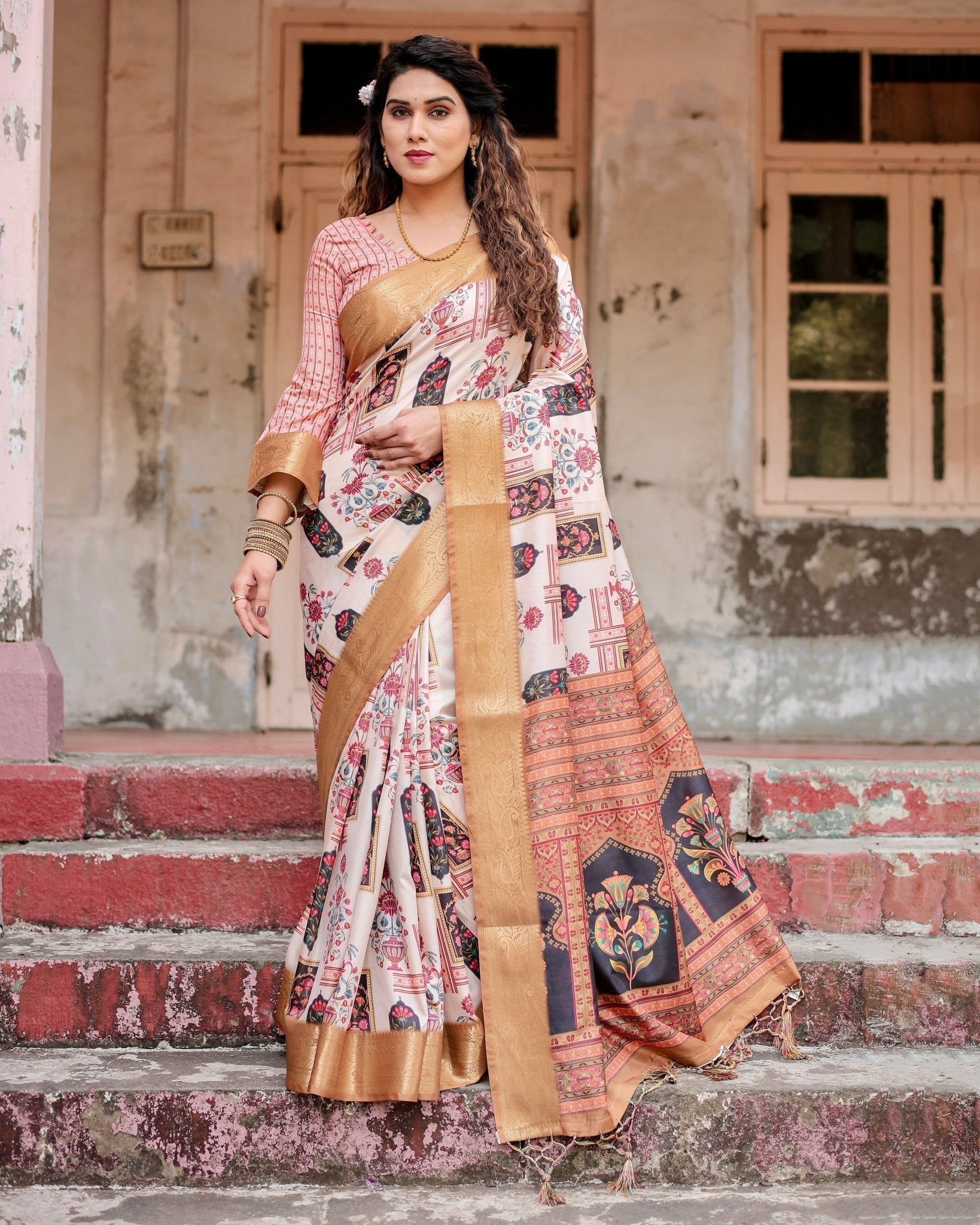 Ivory Tussar Silk Saree with Artistic Floral Motifs and Gleaming Golden Zari Border