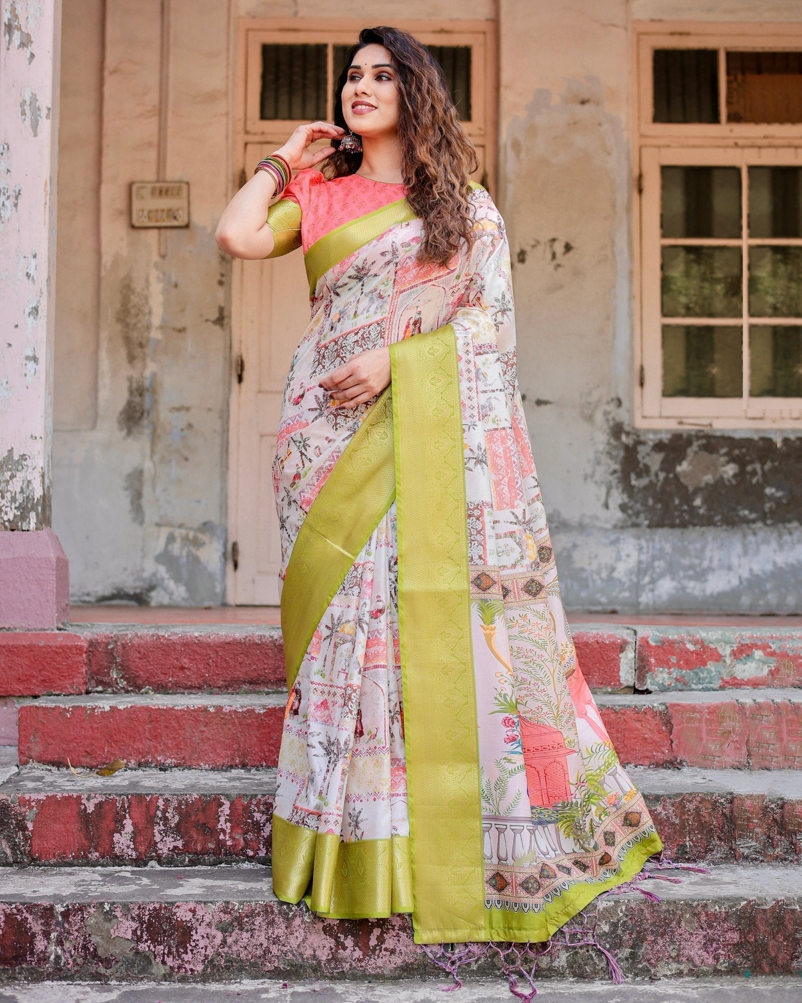Pastel Tussar Silk Saree with Lime Green Zari Border and Hand-Painted Heritage Designs