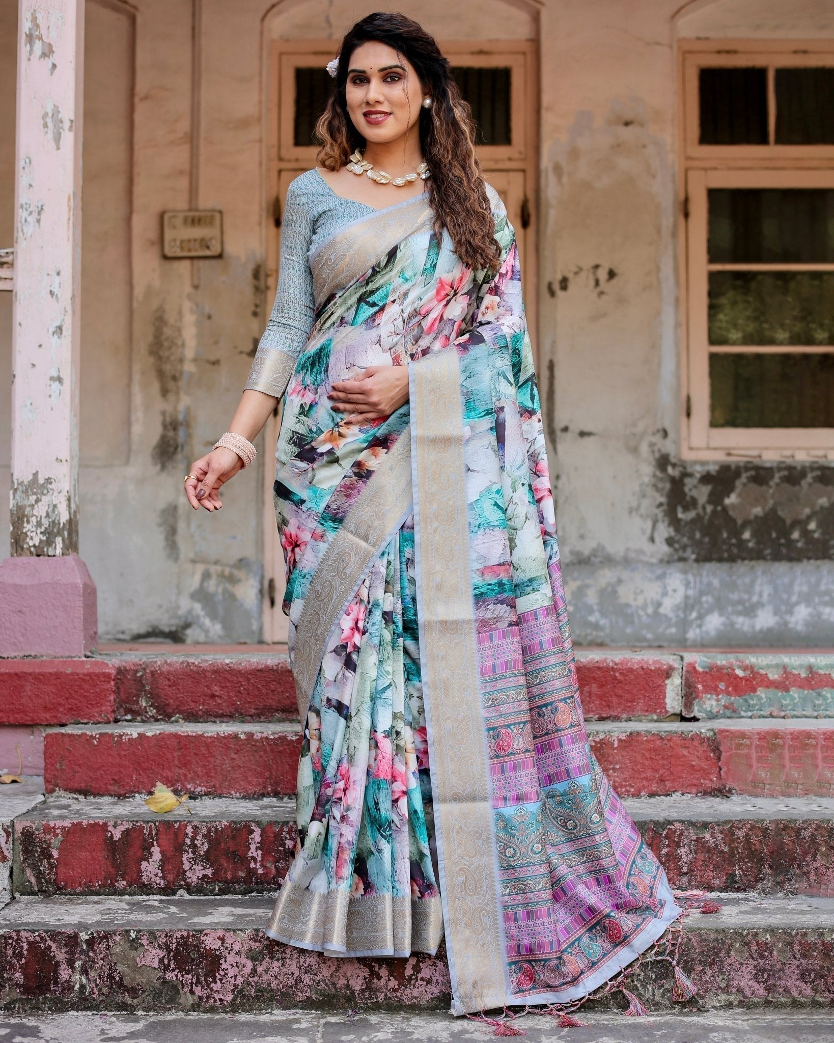 Graceful Floral Digital Print Saree with Gold Paisley Border and Multicolor Pallu