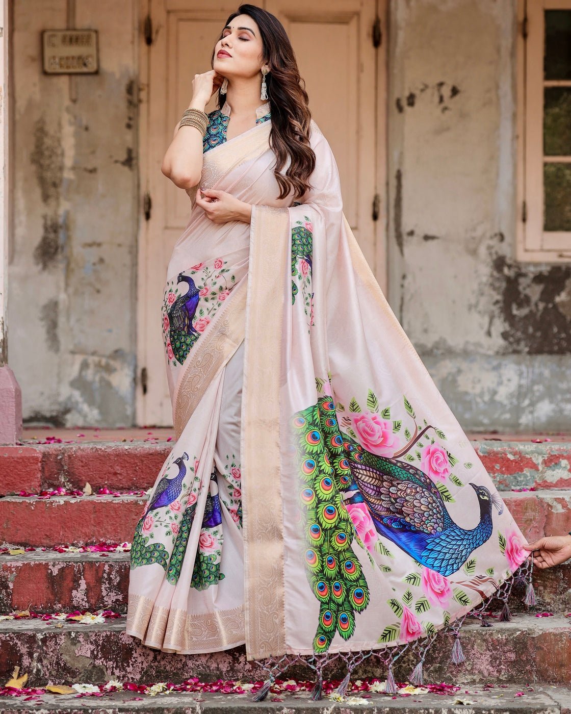 Soft Pastel Pink Tussar Silk Saree with Hand-Painted Peacock and Floral Motifs