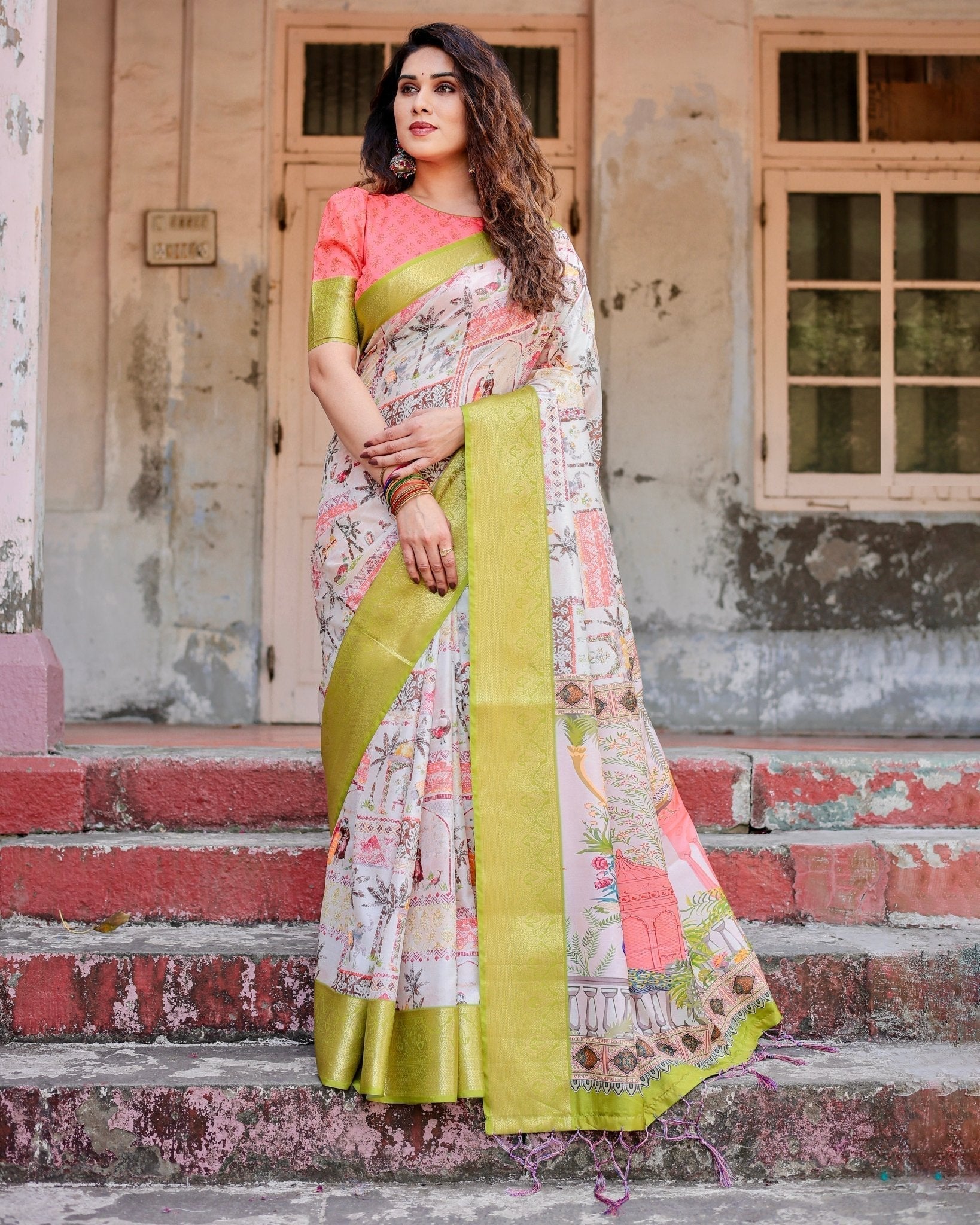 Pastel Tussar Silk Saree with Lime Green Zari Border and Hand-Painted Heritage Designs