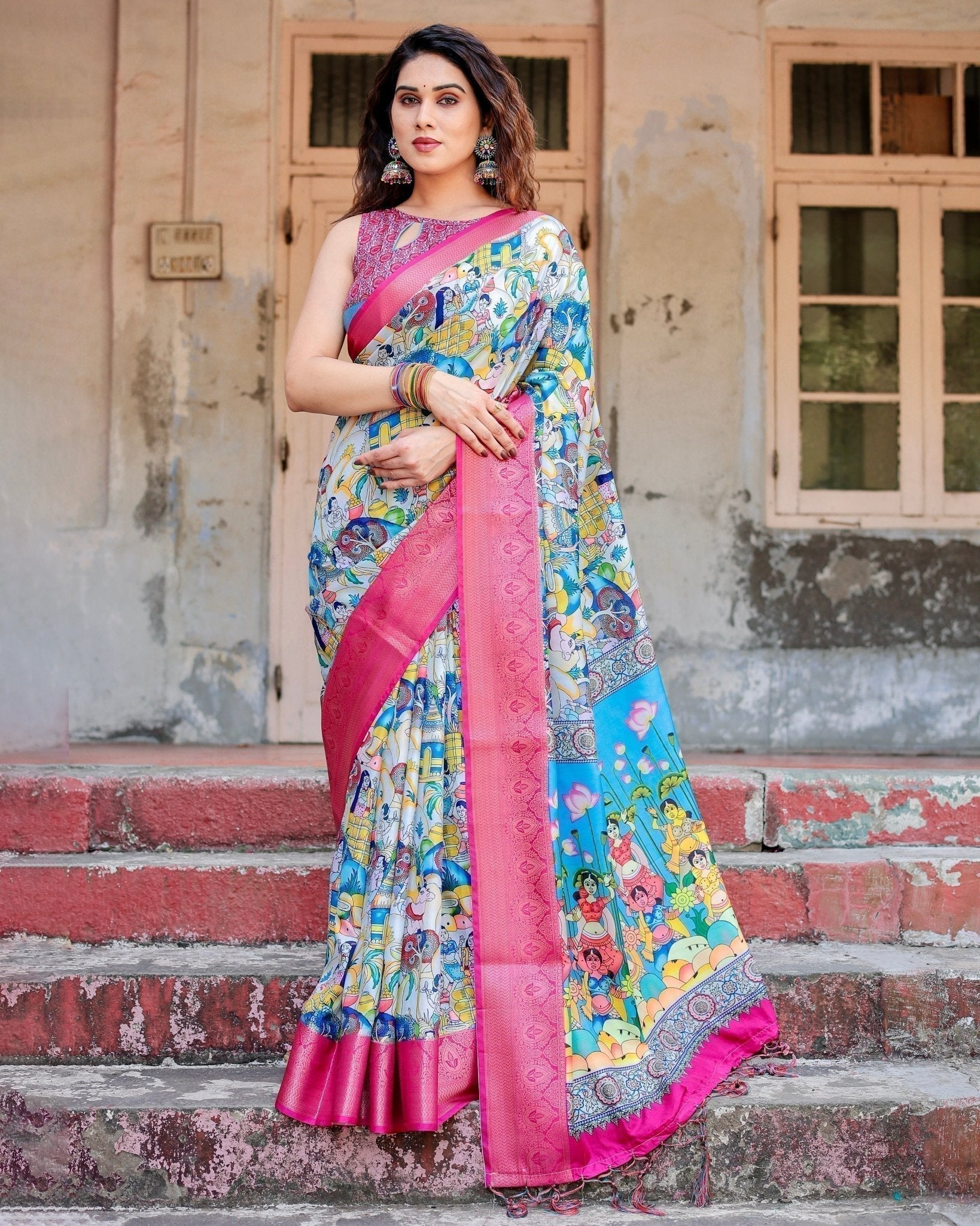 Vibrant Multicolor Digital Printed Tussar Silk Saree with Pink Zari Border
