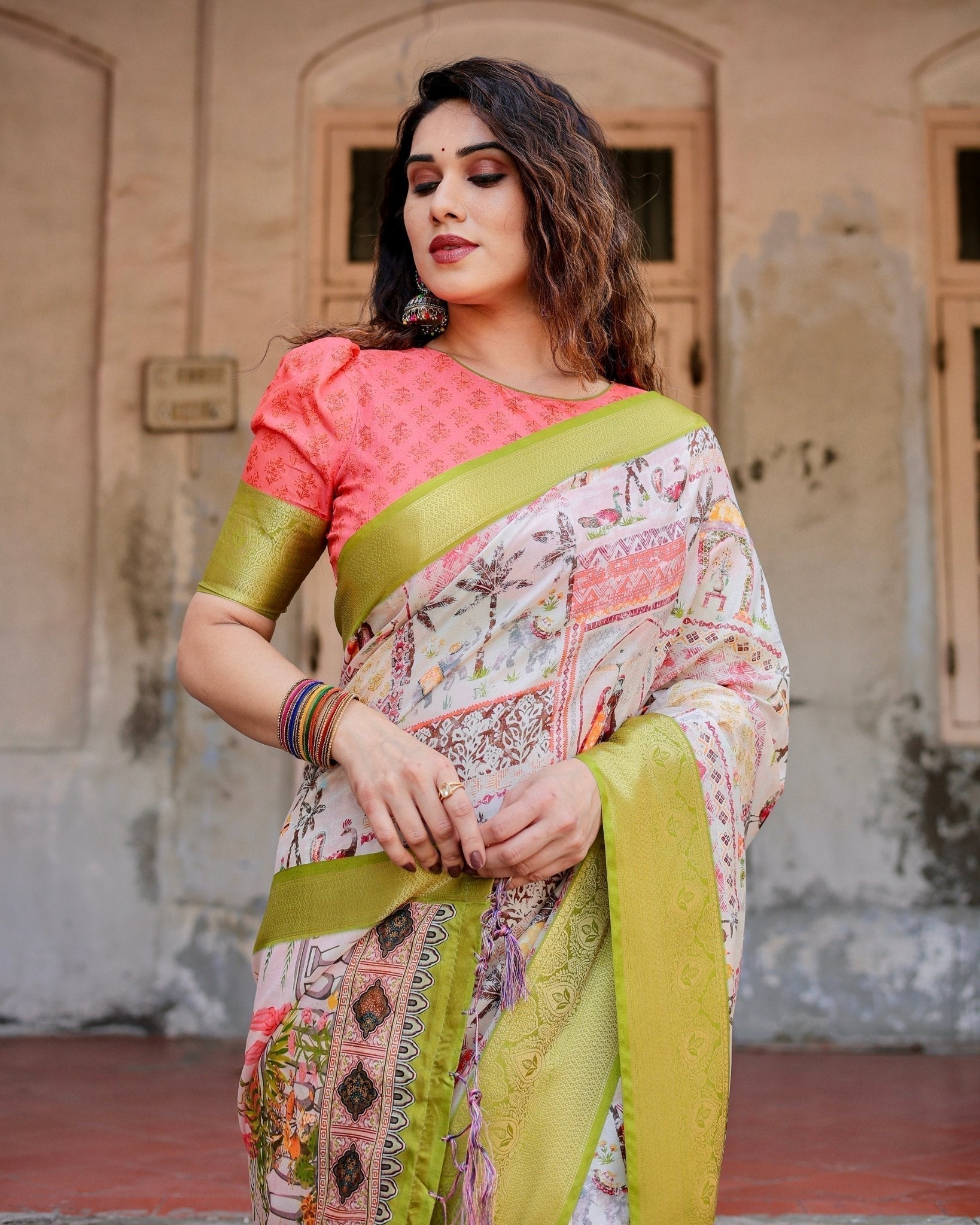 Pastel Tussar Silk Saree with Lime Green Zari Border and Hand-Painted Heritage Designs