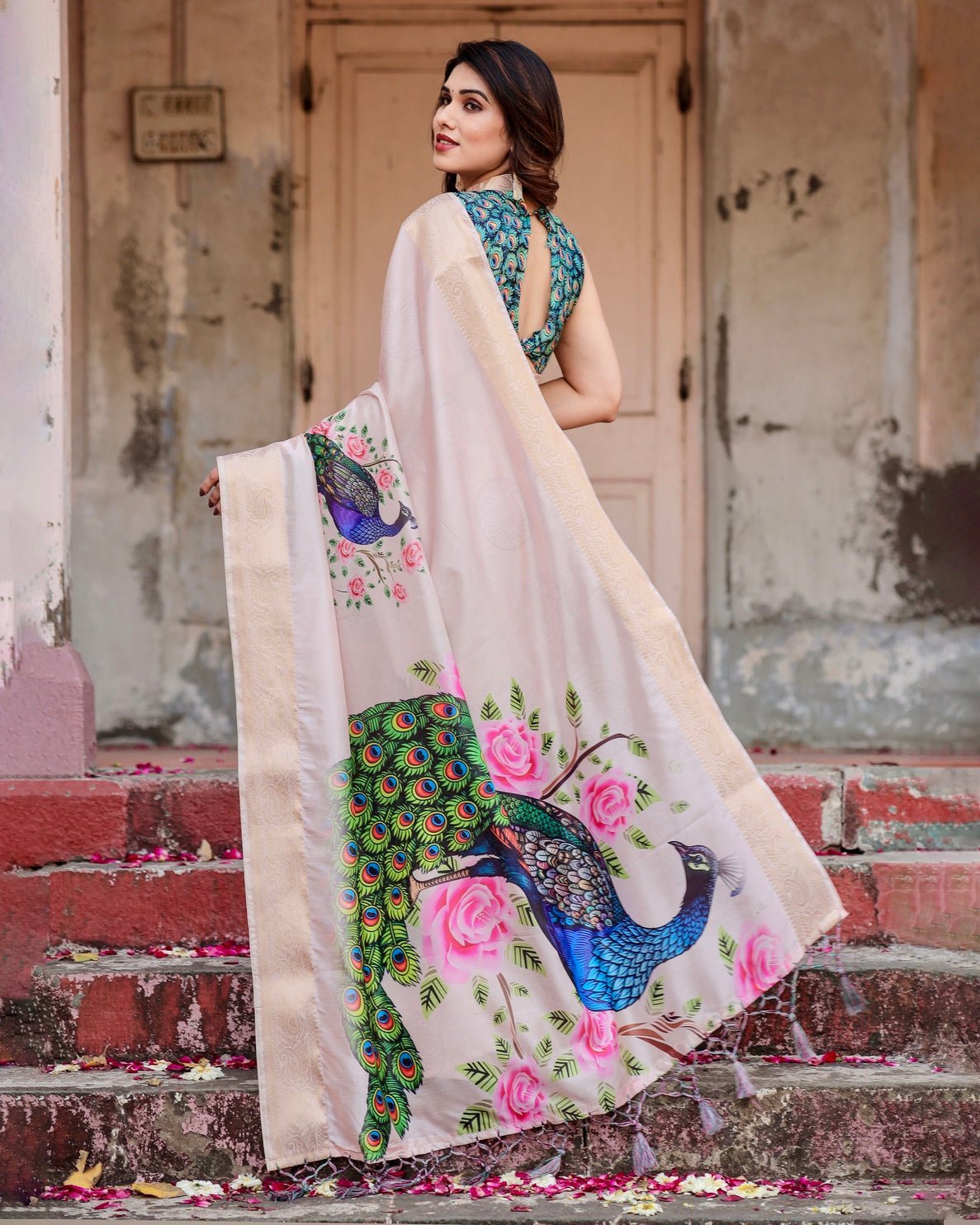 Soft Pastel Pink Tussar Silk Saree with Hand-Painted Peacock and Floral Motifs