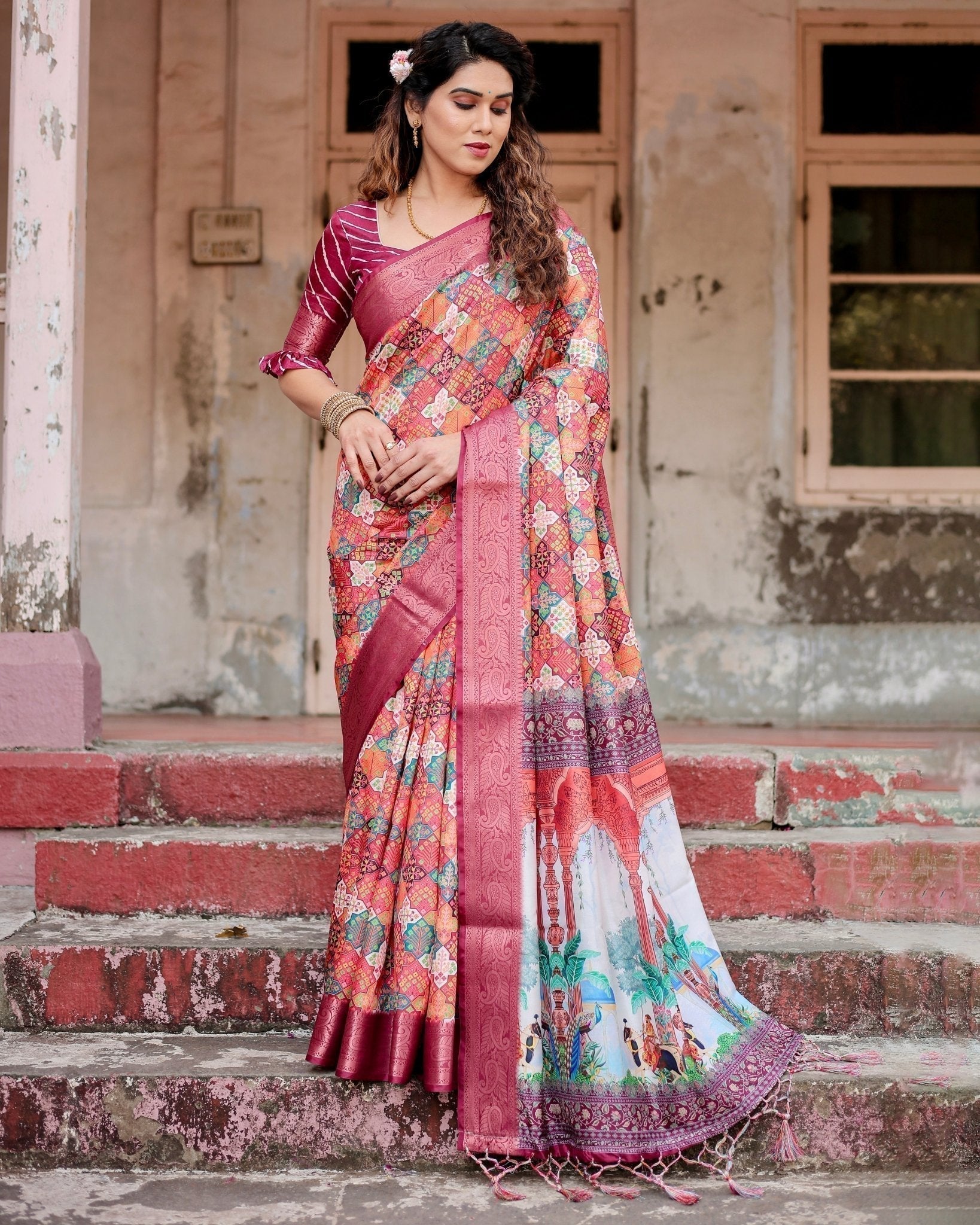 Maroon Tussar Silk Saree with Vibrant Geometric Tile Print and Zari Paisley Border