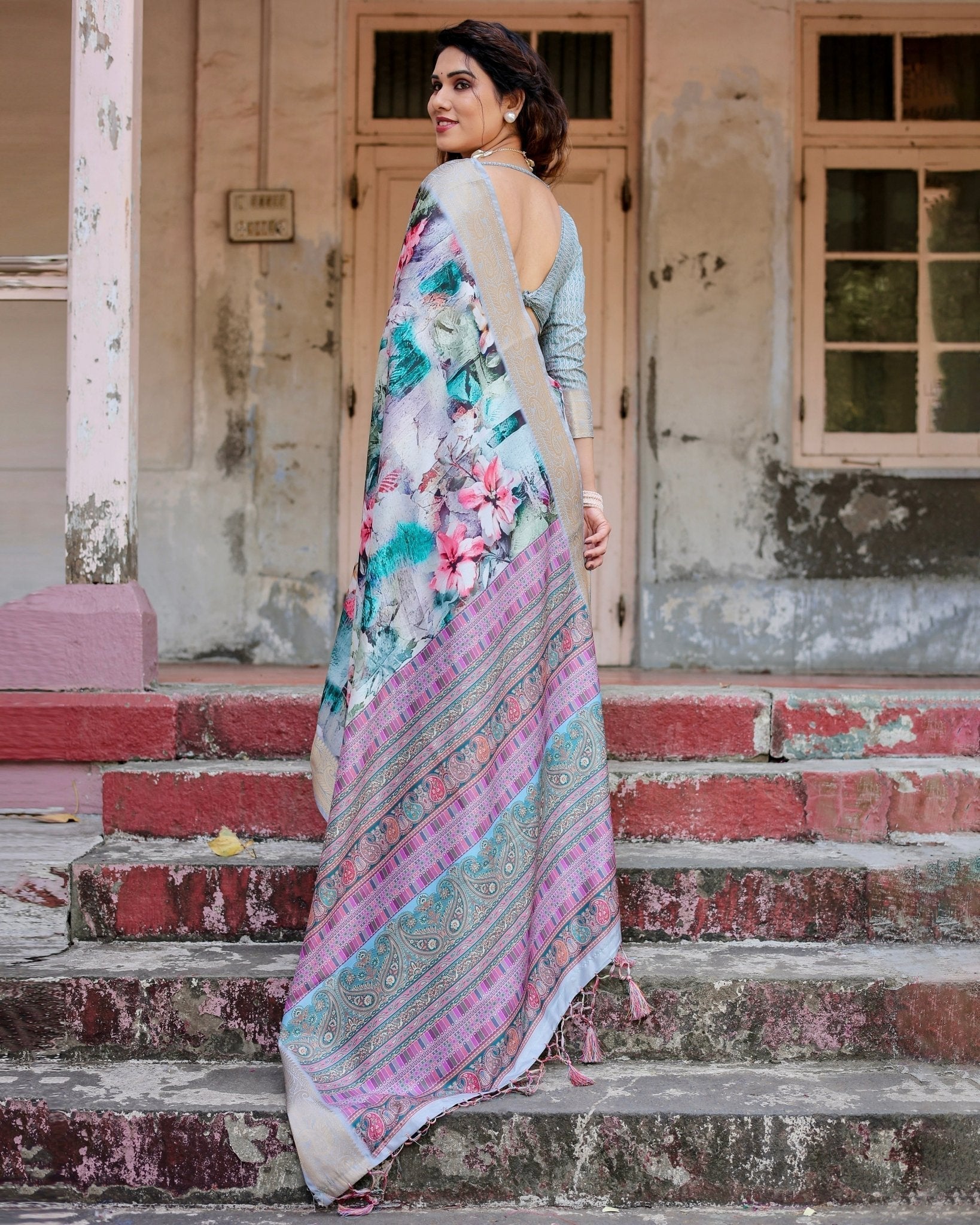 Graceful Floral Digital Print Saree with Gold Paisley Border and Multicolor Pallu