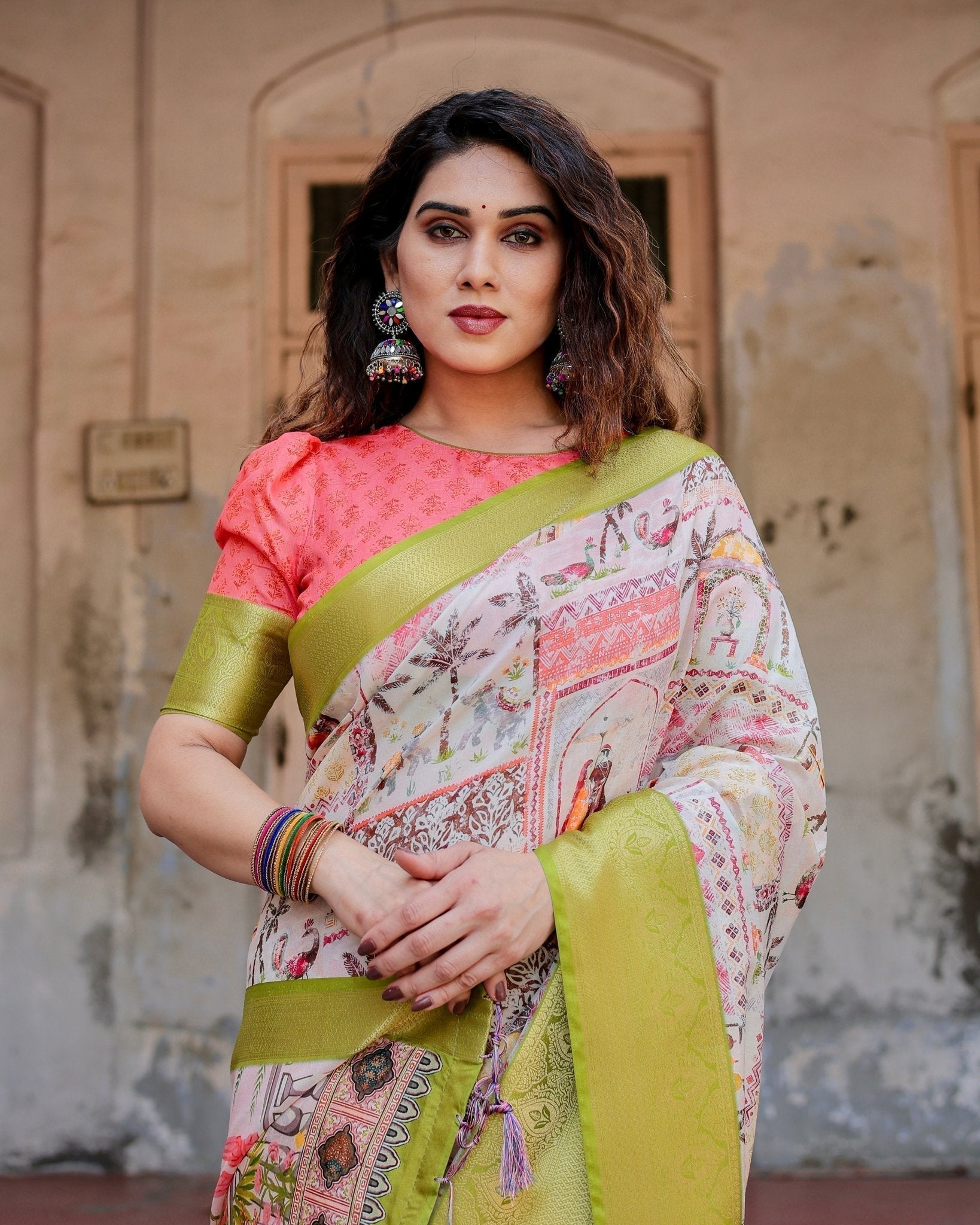 Pastel Tussar Silk Saree with Lime Green Zari Border and Hand-Painted Heritage Designs