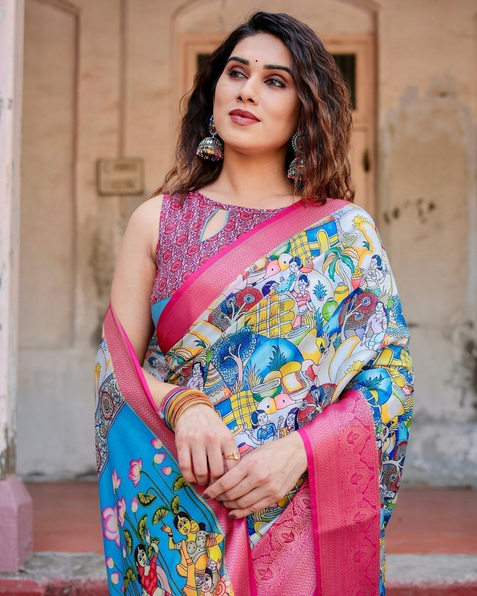 Vibrant Multicolor Digital Printed Tussar Silk Saree with Pink Zari Border