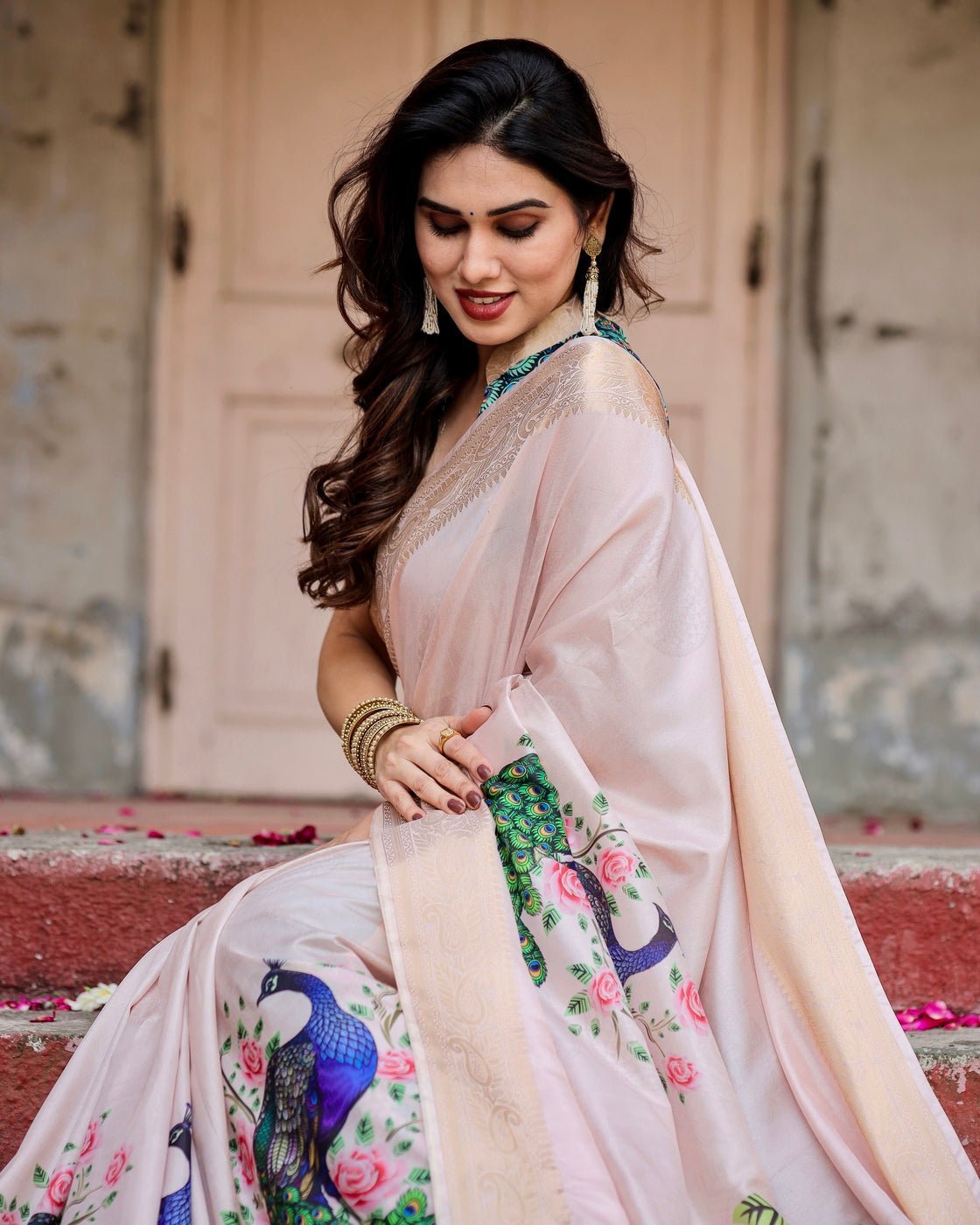 Soft Pastel Pink Tussar Silk Saree with Hand-Painted Peacock and Floral Motifs