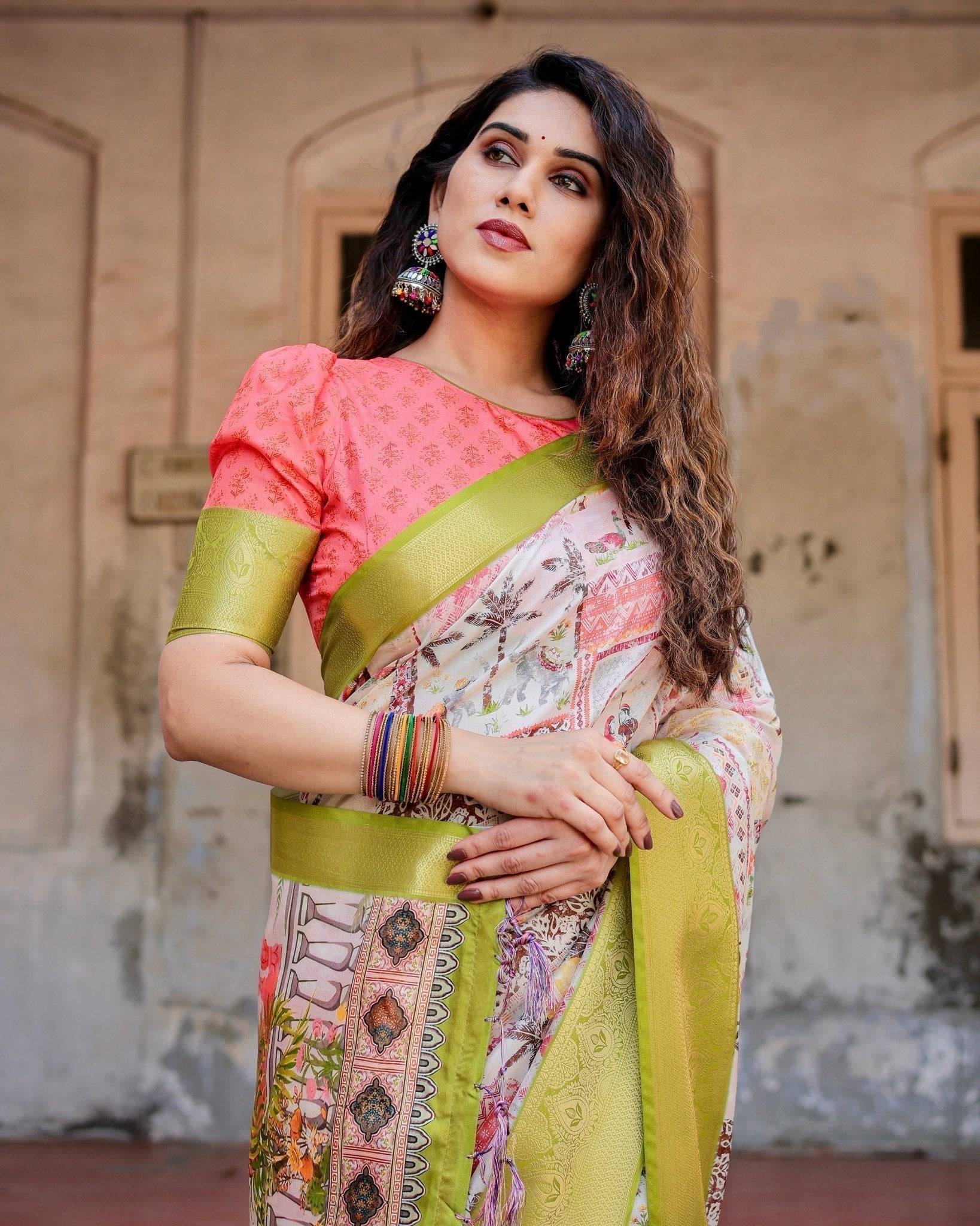 Pastel Tussar Silk Saree with Lime Green Zari Border and Hand-Painted Heritage Designs