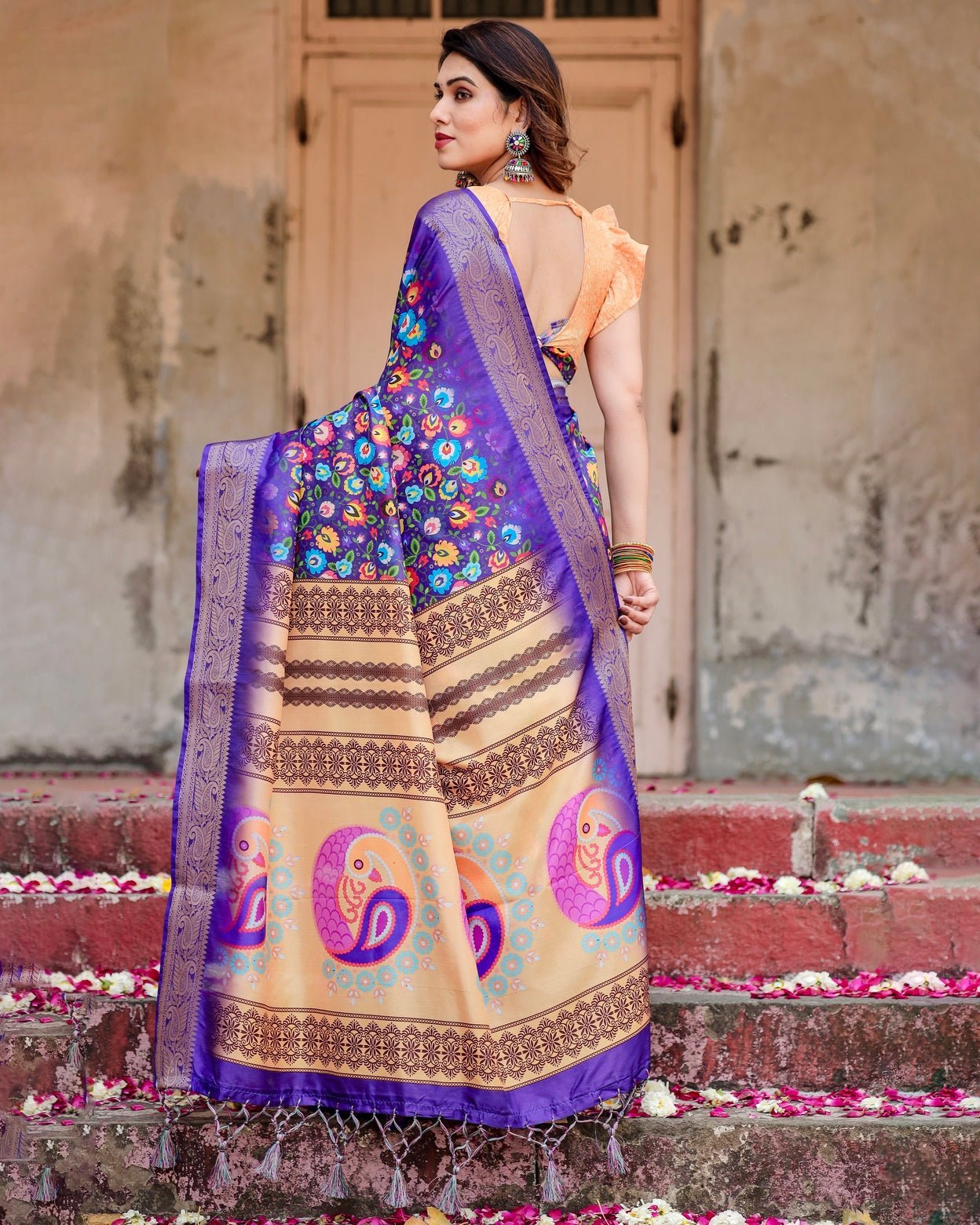 Royal Purple Tussar Silk Saree with Vibrant Floral Print and Peacock Motif Pallu