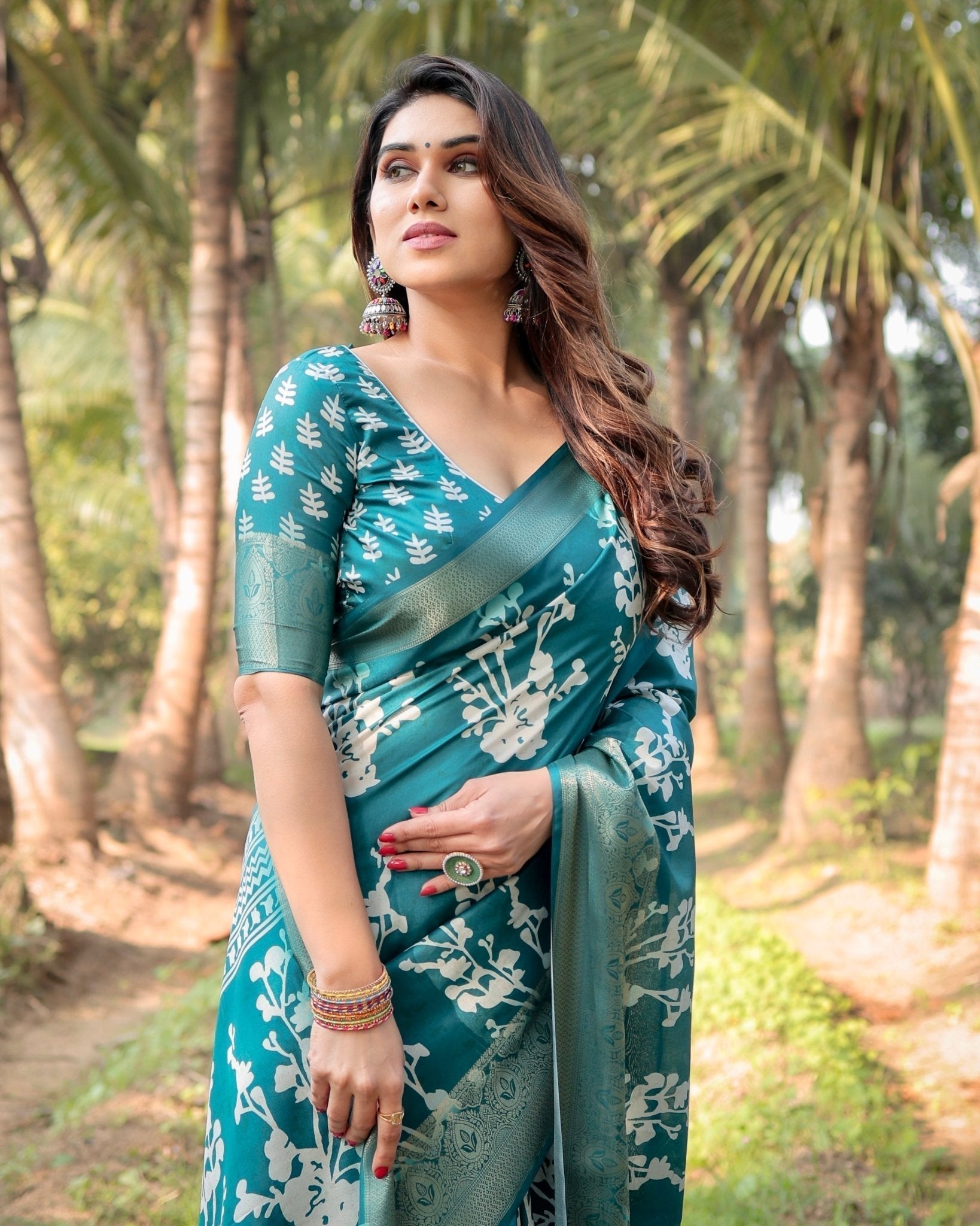 Teal Blue Tussar Silk Saree with White Floral Design, Gold Zari Border & Tassel Pallu