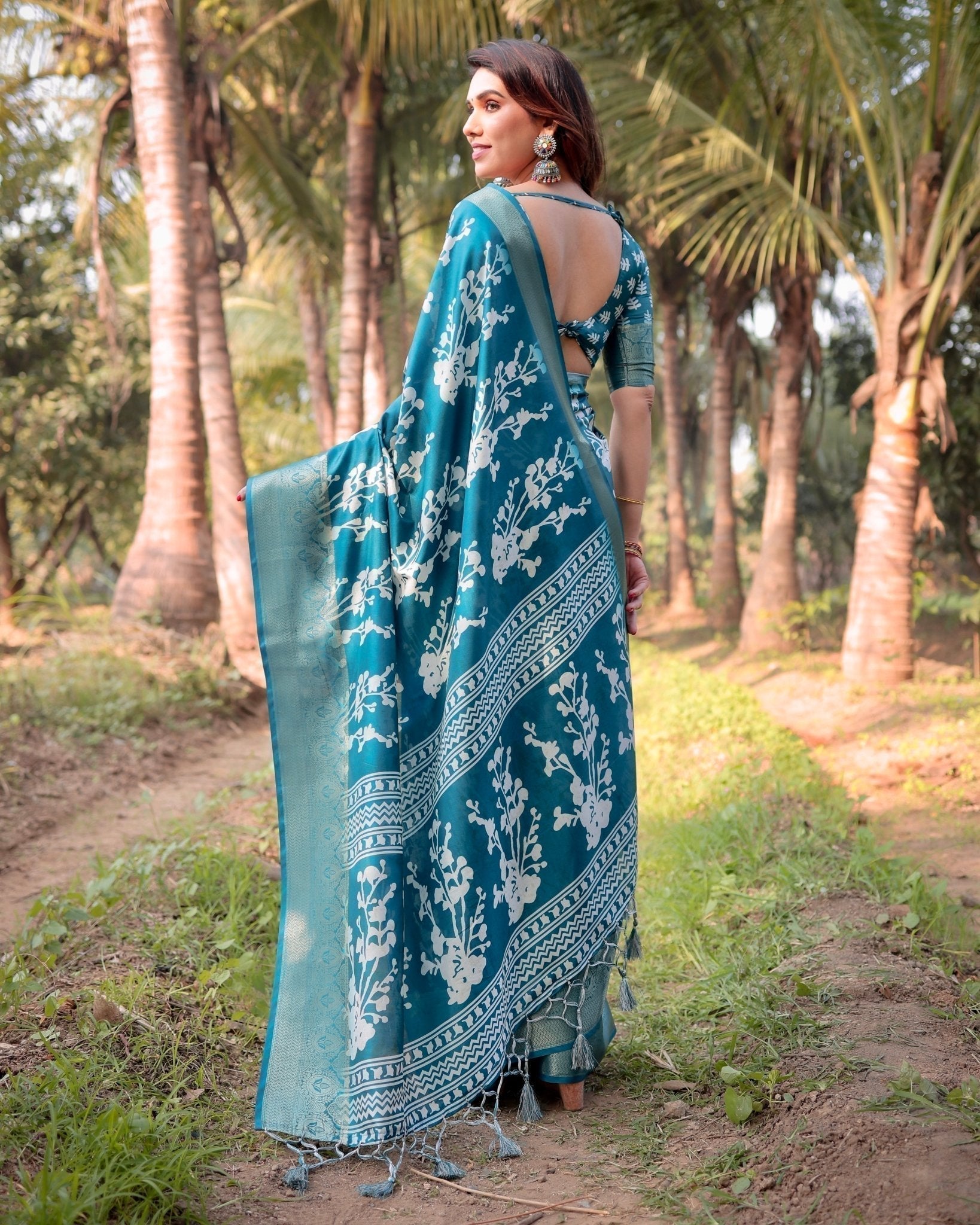 Teal Blue Tussar Silk Saree with White Floral Design, Gold Zari Border & Tassel Pallu