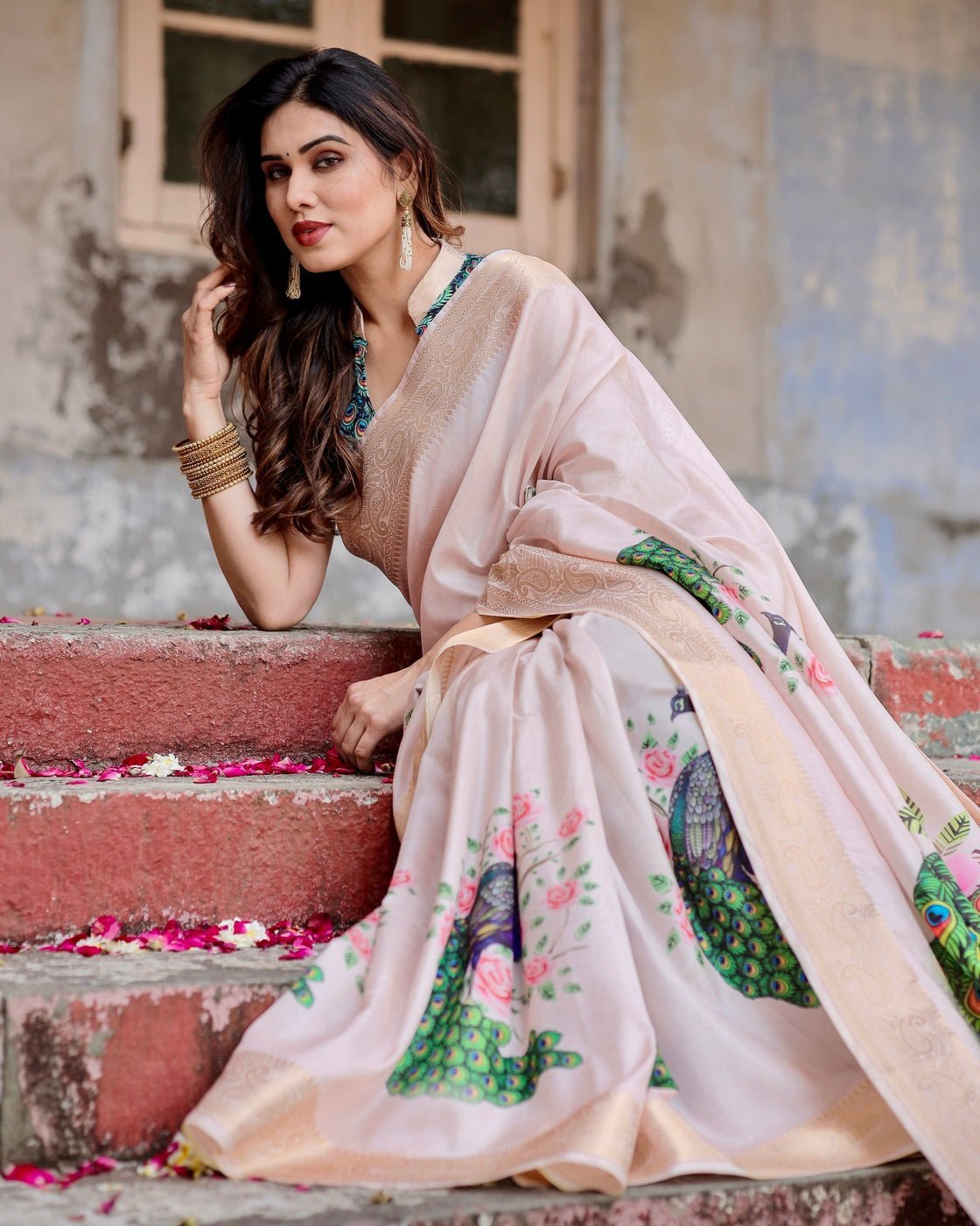 Soft Pastel Pink Tussar Silk Saree with Hand-Painted Peacock and Floral Motifs