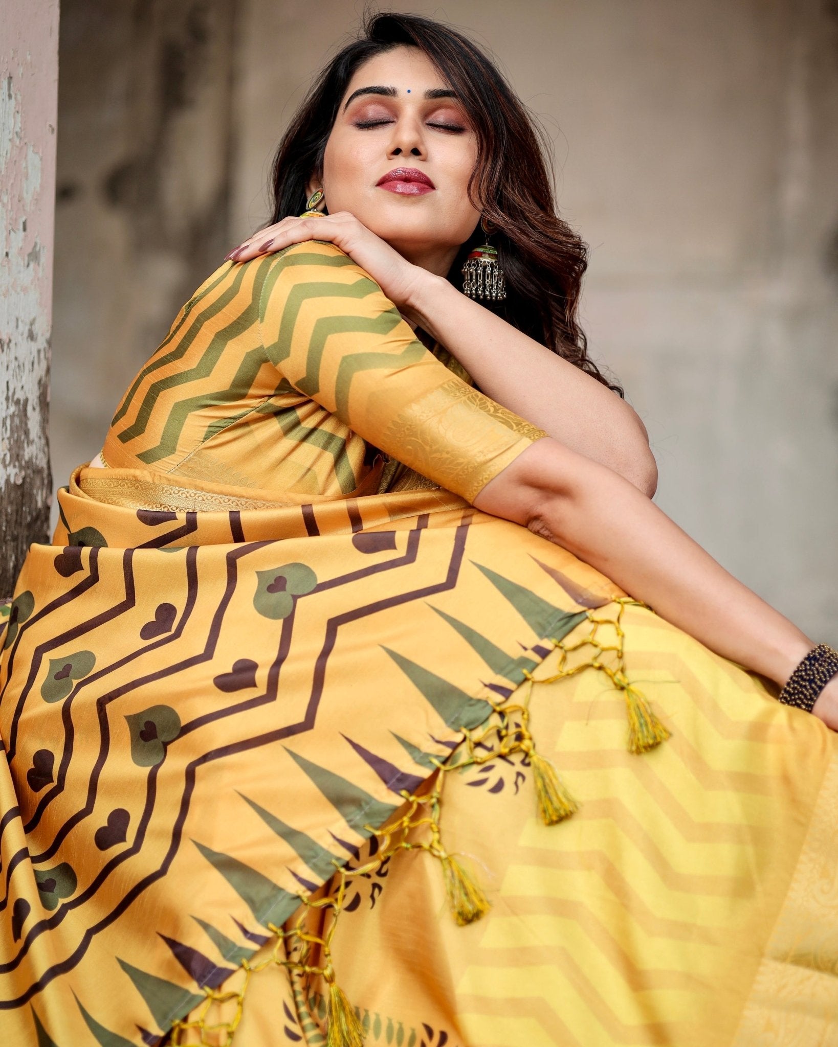 Golden Yellow Digital Printed Saree with Abstract Patterns and Tassel Detailing