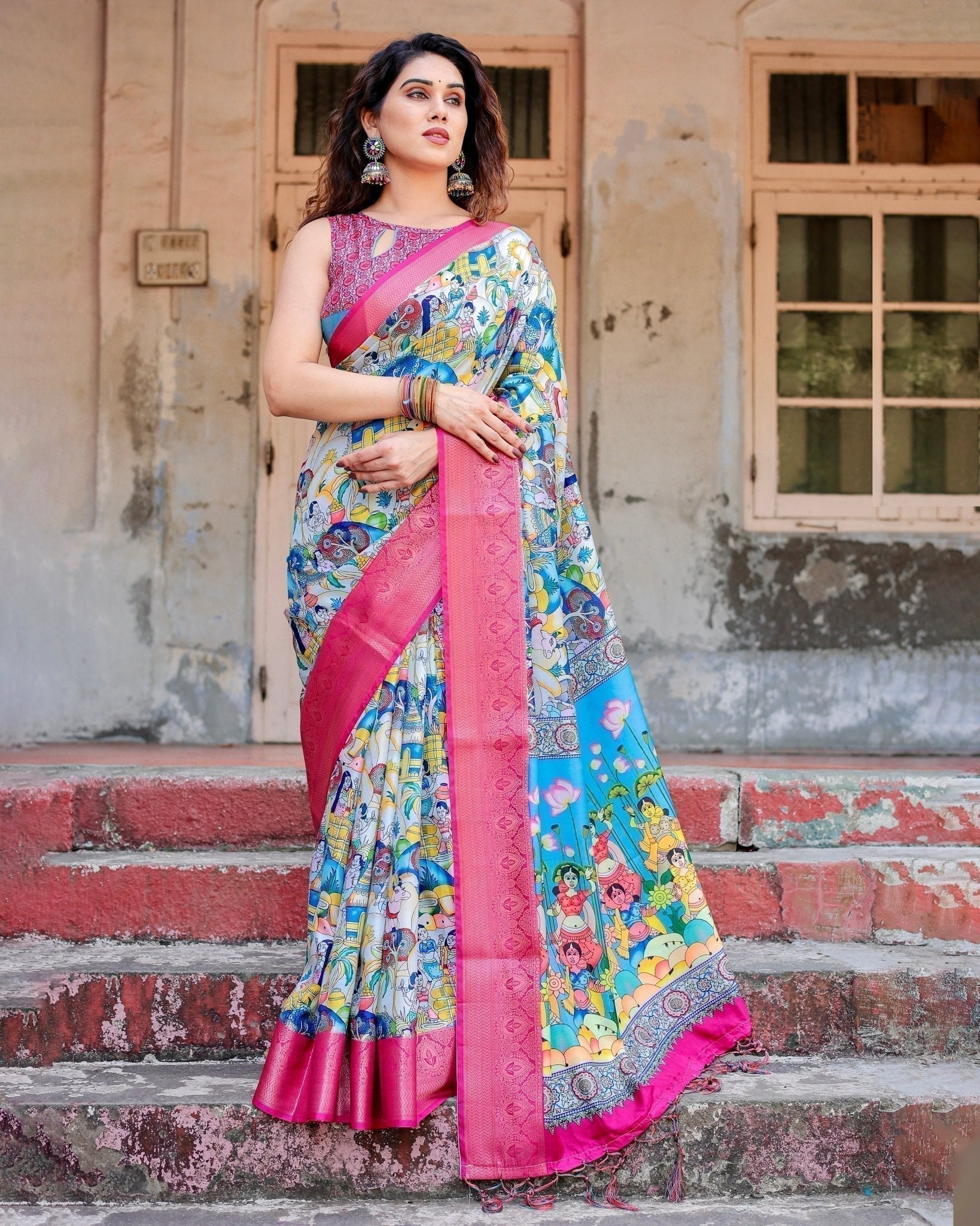 Vibrant Multicolor Digital Printed Tussar Silk Saree with Pink Zari Border