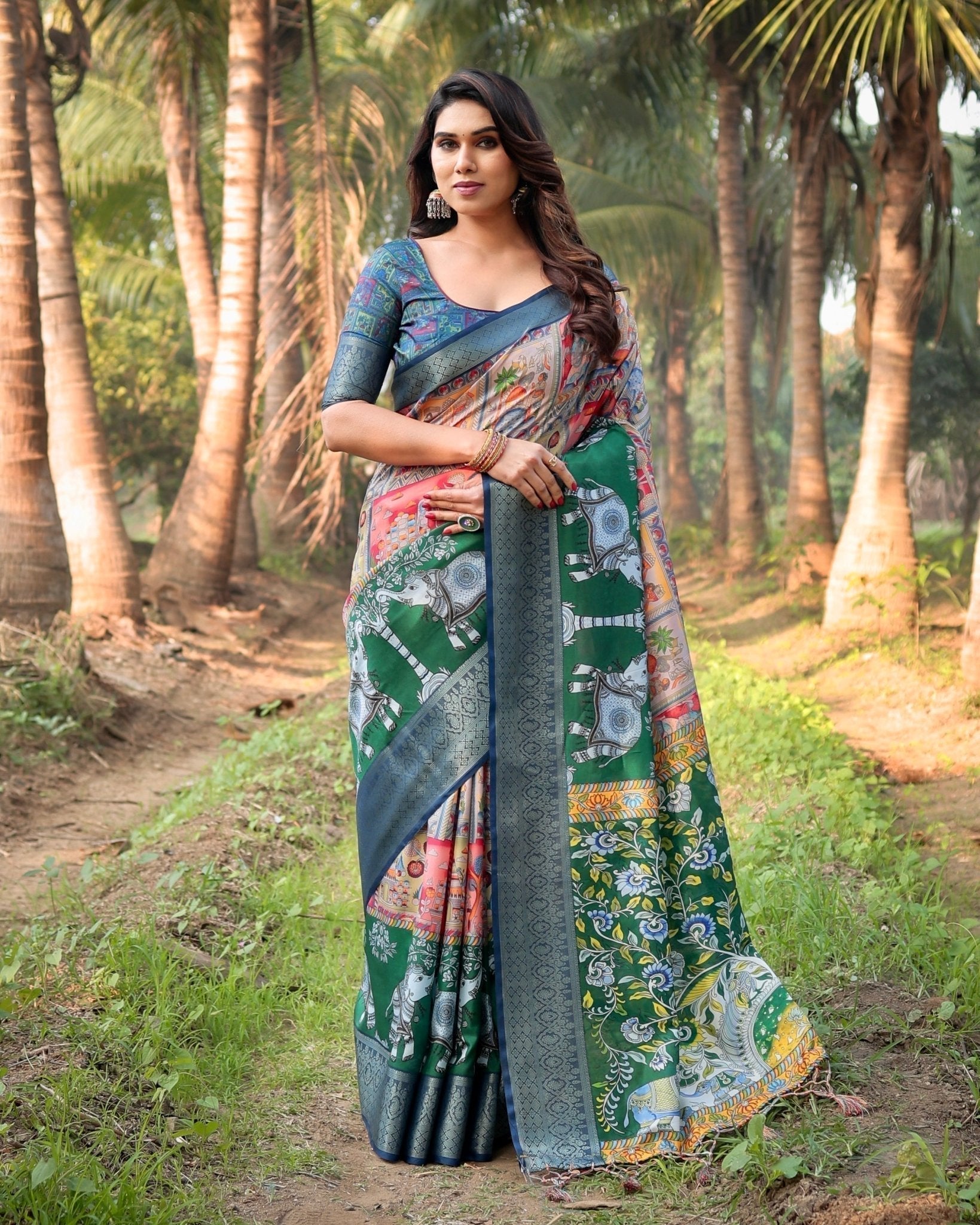 Multicolored Digital Print Tussar Silk Saree with Intricate Zari Border and Elephant Motif Pallu