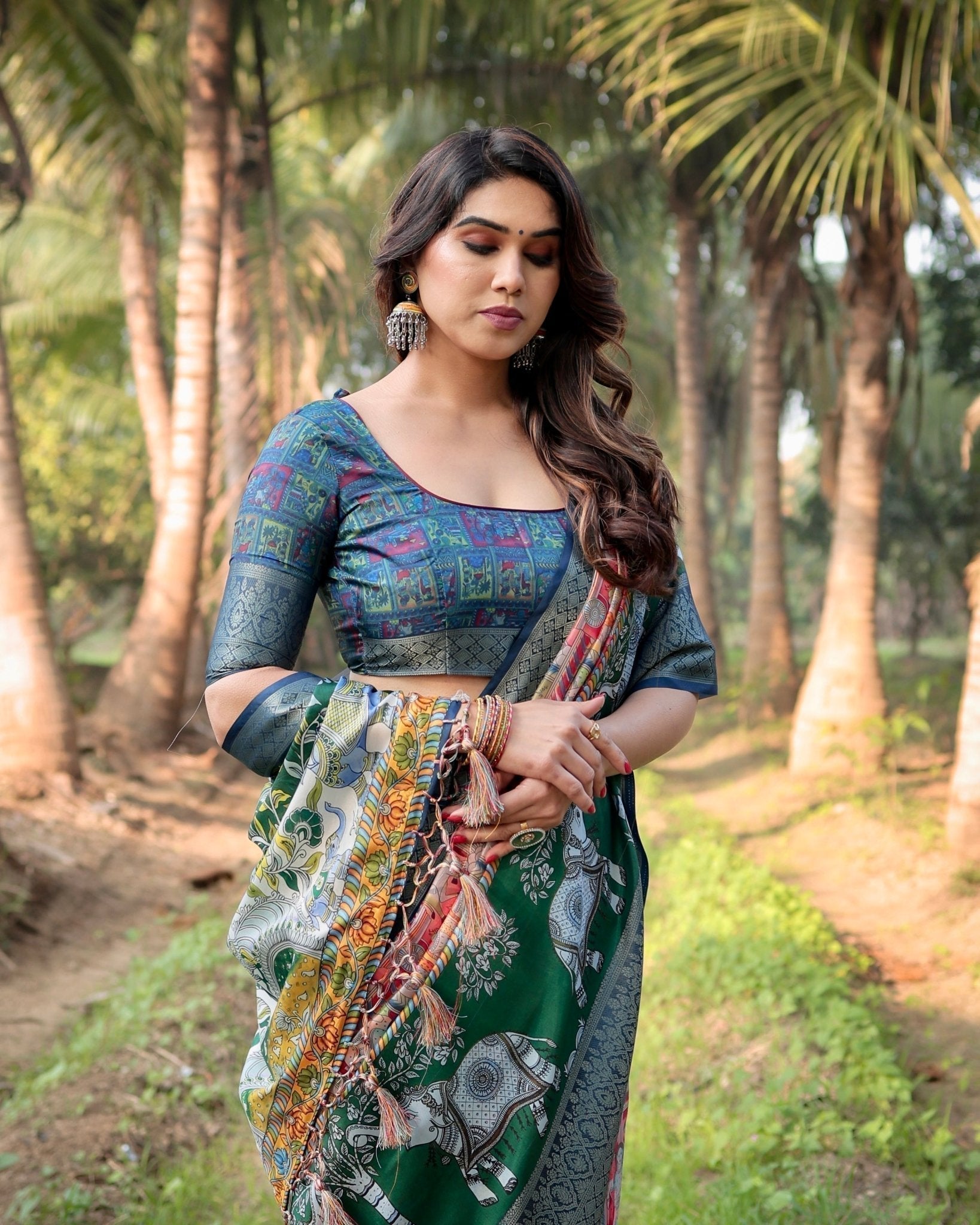 Multicolored Digital Print Tussar Silk Saree with Intricate Zari Border and Elephant Motif Pallu