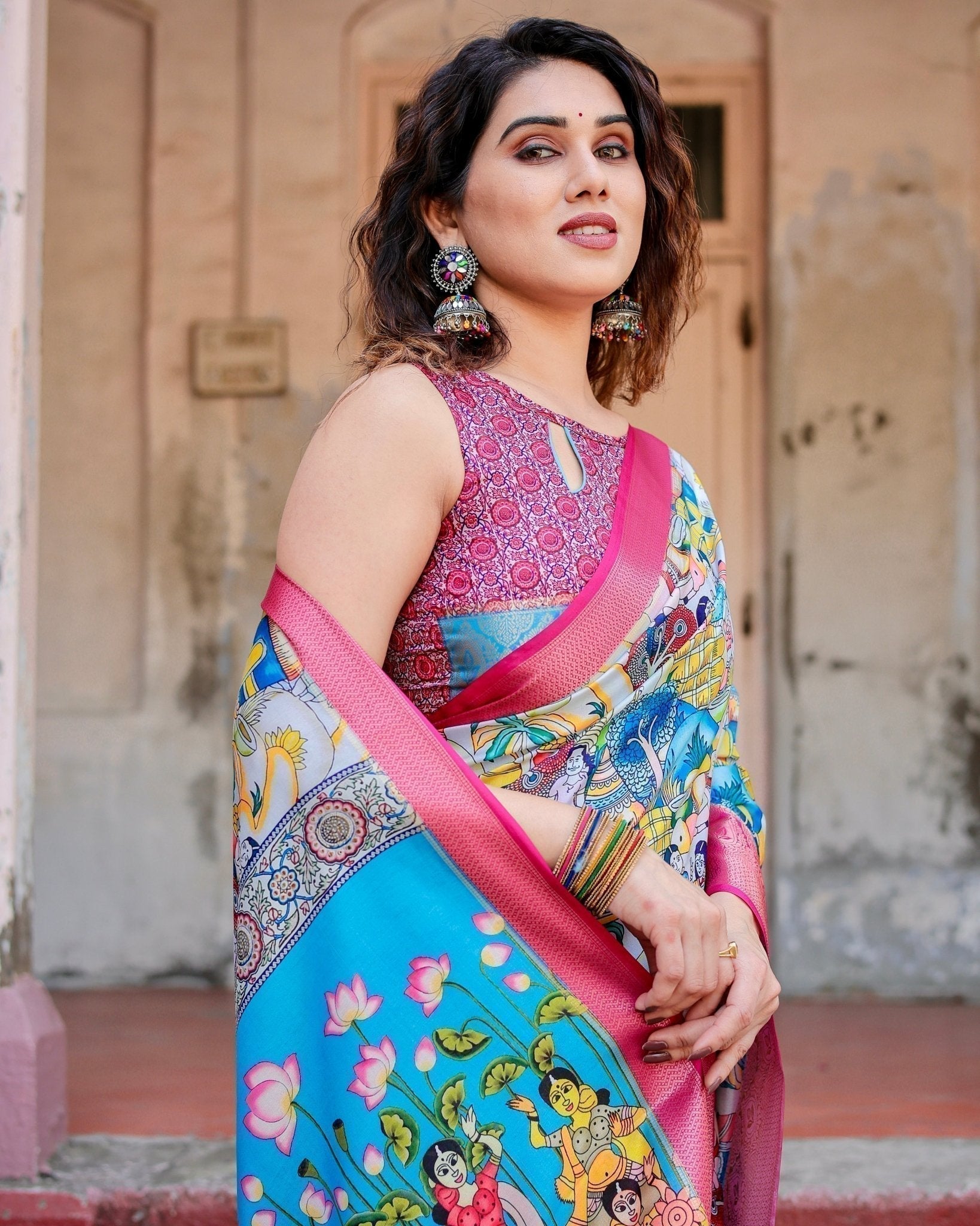 Vibrant Multicolor Digital Printed Tussar Silk Saree with Pink Zari Border