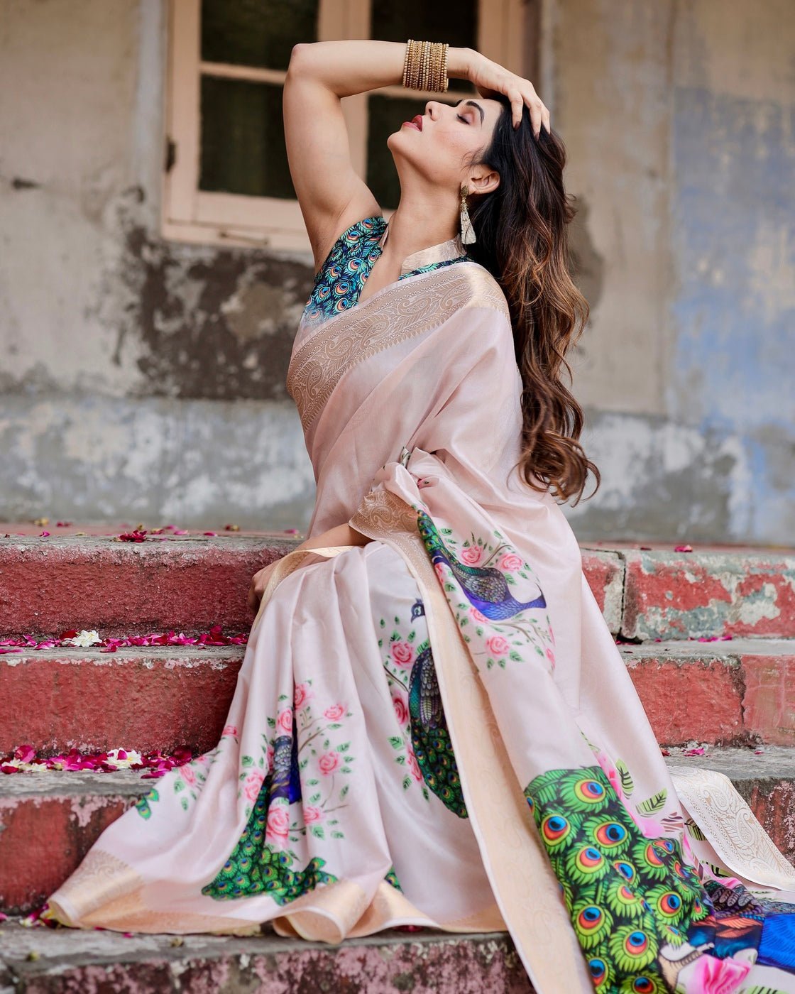 Soft Pastel Pink Tussar Silk Saree with Hand-Painted Peacock and Floral Motifs