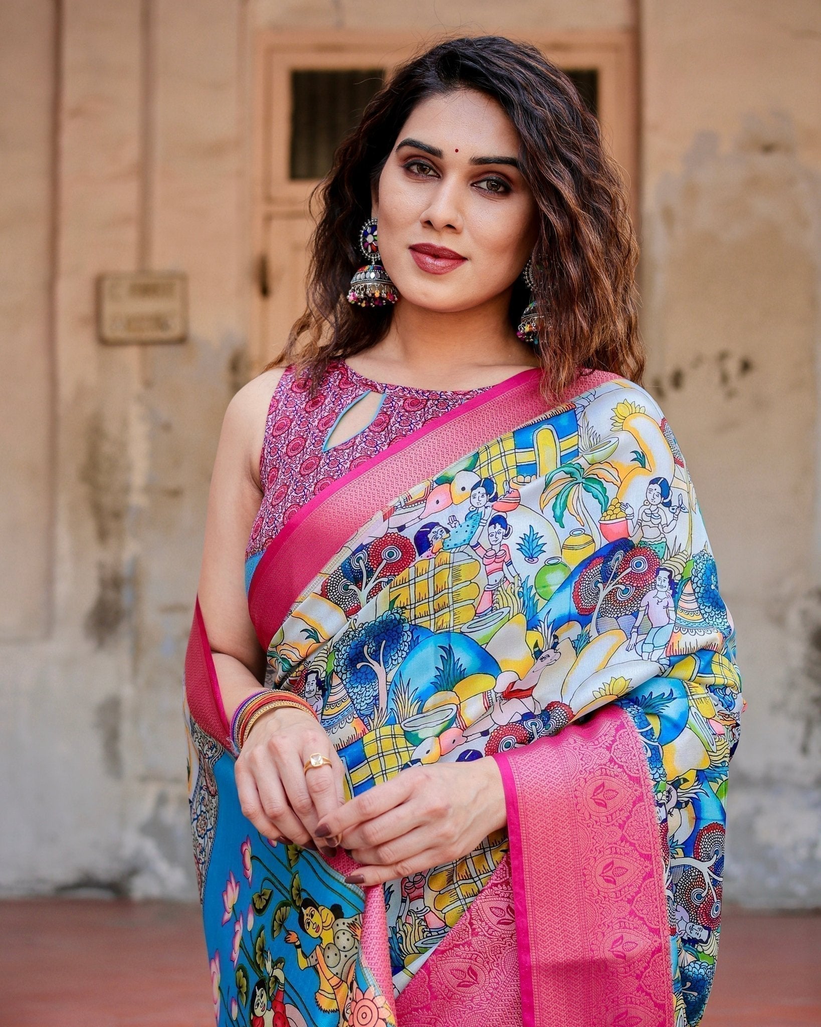 Vibrant Multicolor Digital Printed Tussar Silk Saree with Pink Zari Border